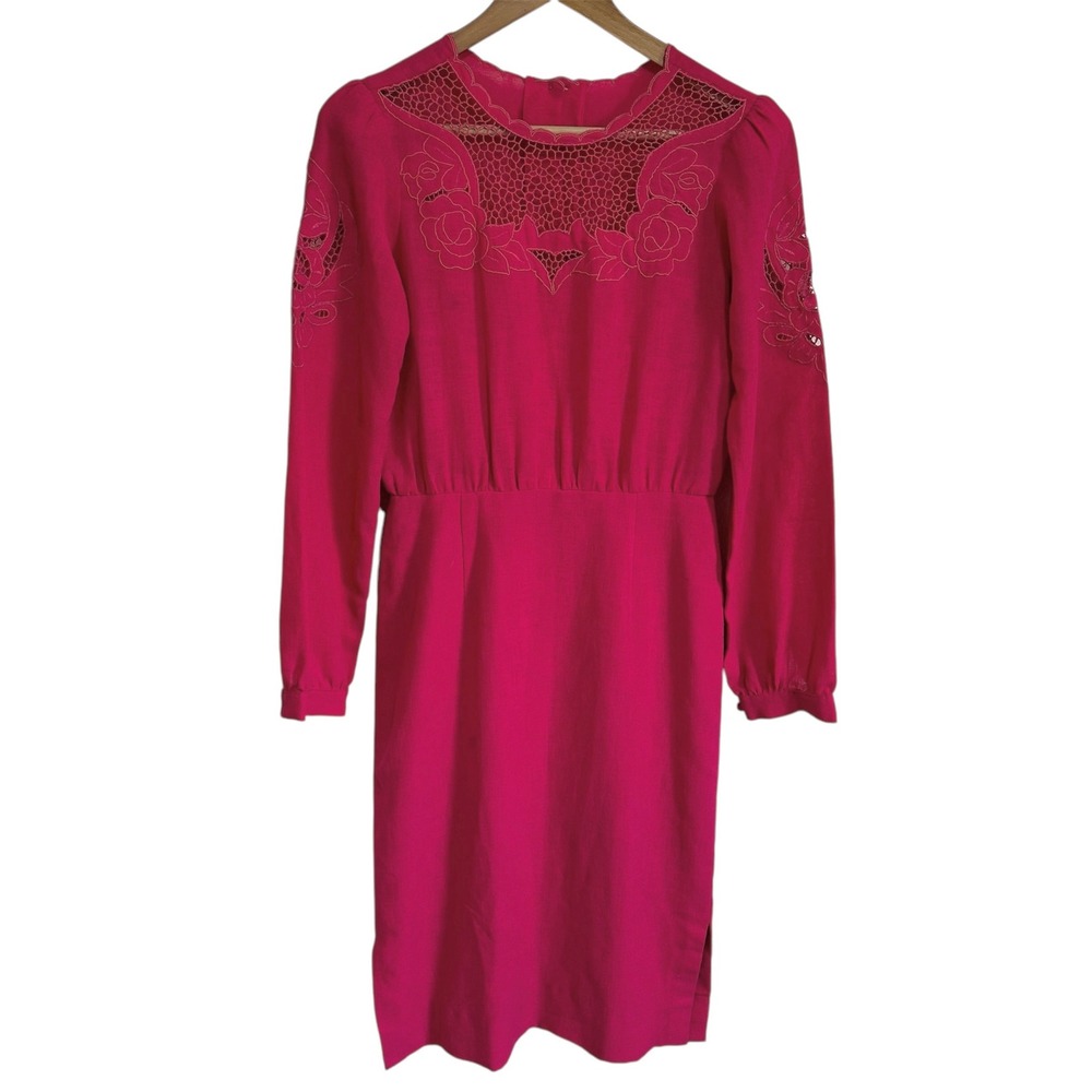Vintage Dress Pink Lace Floral‎ Long Sleeve Sheath Cocktail Party Size small